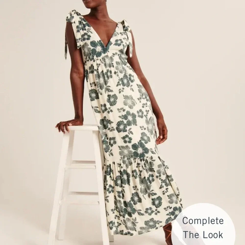 Abercrombie | Tie-Strap Floral Babydoll Midi Dress Green